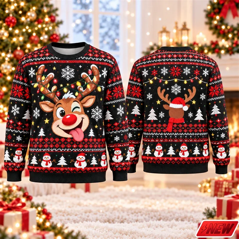Cute Reindeer Graphic Ugly Christmas Sweater Men Women 3d Printed Christmas Tree Sweatshirt 2027 New Year Party Crew Neck Hoodie
