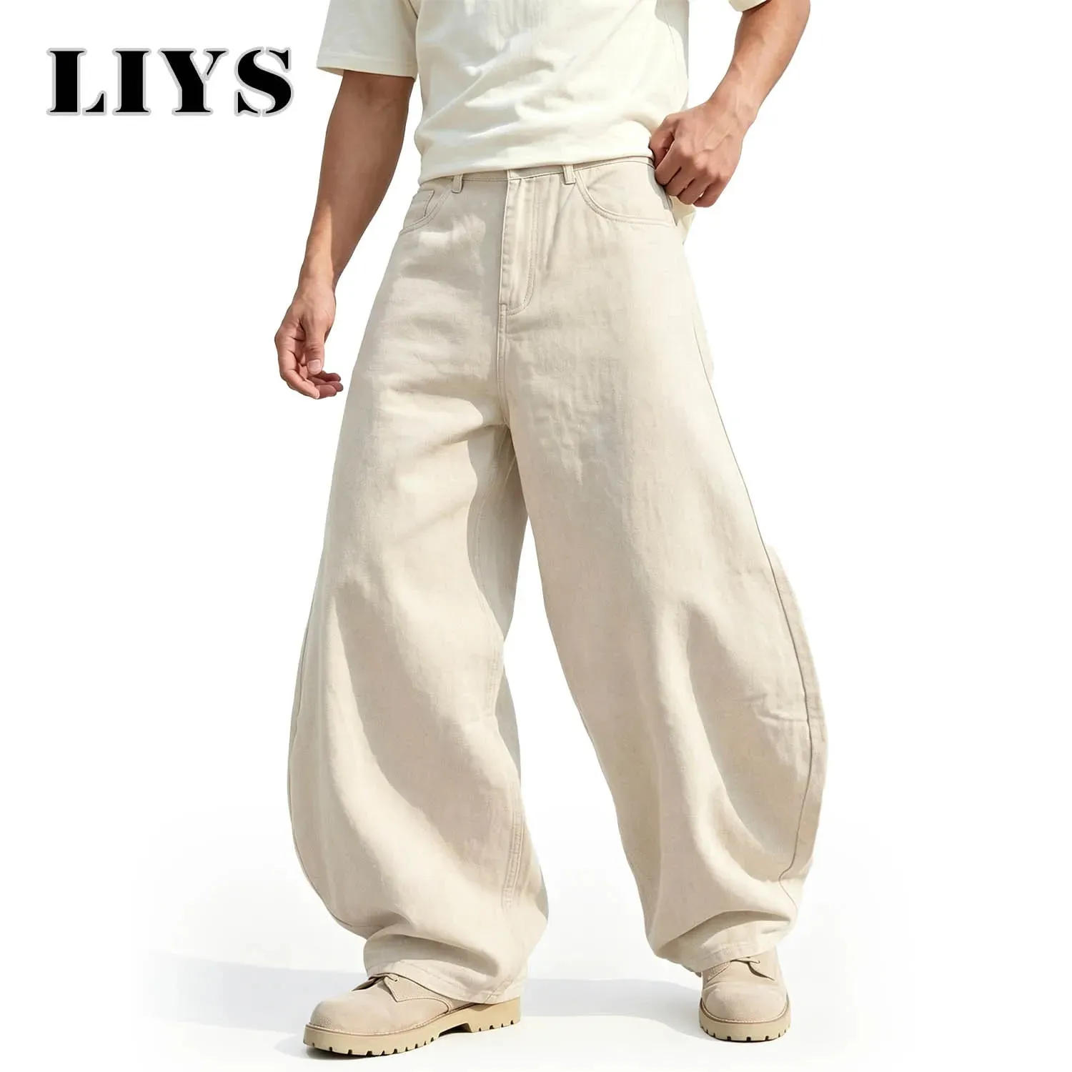 Men's American Beige Loose Wide Leg Jeans High Waisted Streetwear Hip-Hop Fashion Loose Denim Pants Y2K Retro Casual Pants