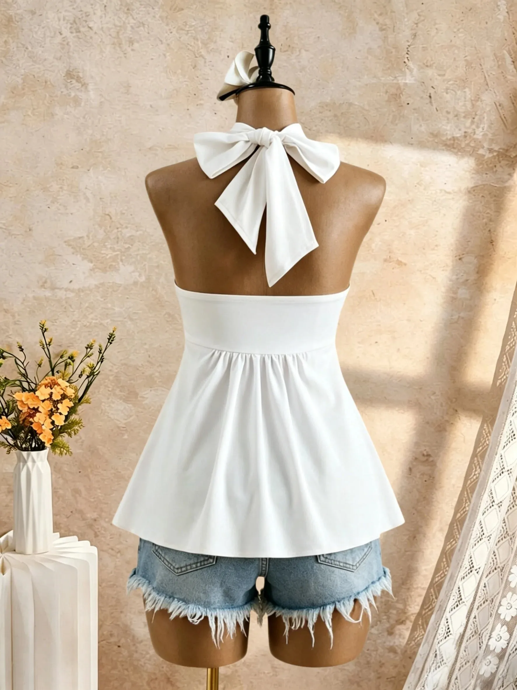 Women Halter Twist Front Sweetheart Neck Flared Peplum Camisole 2026 Summer Y2K Solid White Sleeveless Flowy Beach Vacation Tank