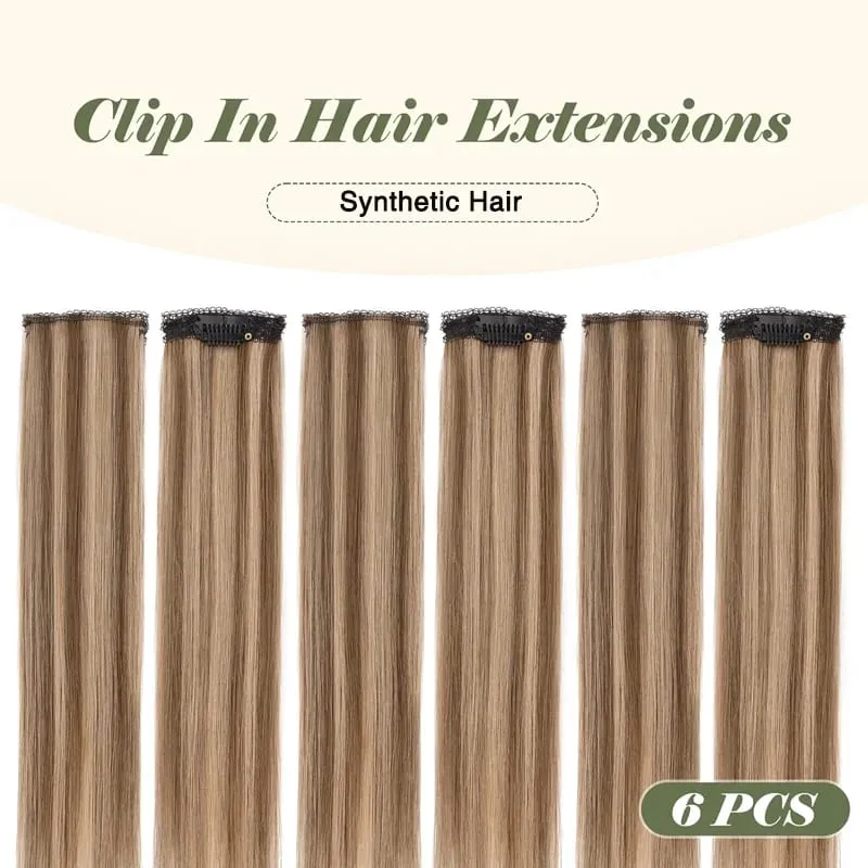 6PCS 6 Clips In Synthetic Hair Extensions Black Color Dark Blonde Short Straight Highlights Hairpin Hairpiece For Women