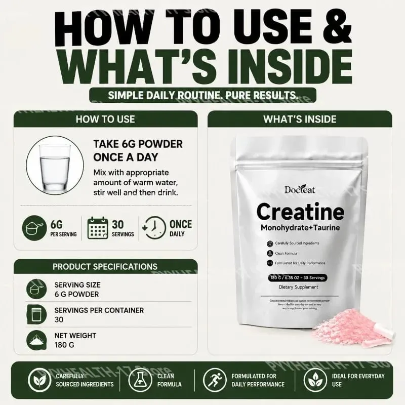 Docteat Creatine Monohydrate+Taurine Powder for ATP Regeneration Speed and Phosphocreatine Store Support 30 Servings 180 G