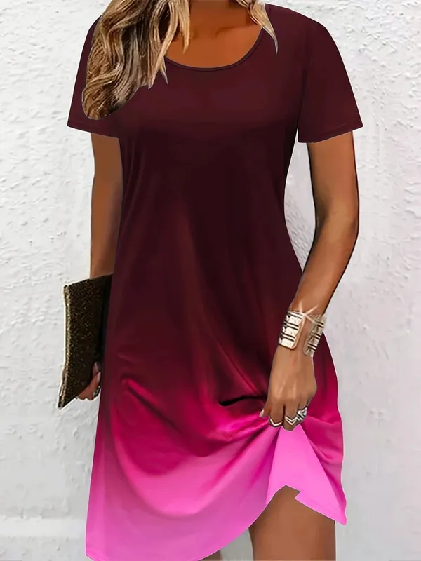 Fashion Blue Gradient Pattern Women Mini Dresses Summer Short Sleeve 3D Printed Street Ladies Dress 3XL Plus Size Casual Dress