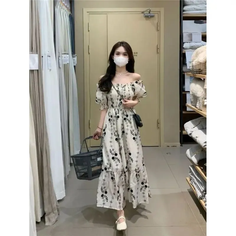 Women Off‑Shoulder Puff Sleeve Maxi Dress Floral Print High Waist Ruffle Long Summer Dress
