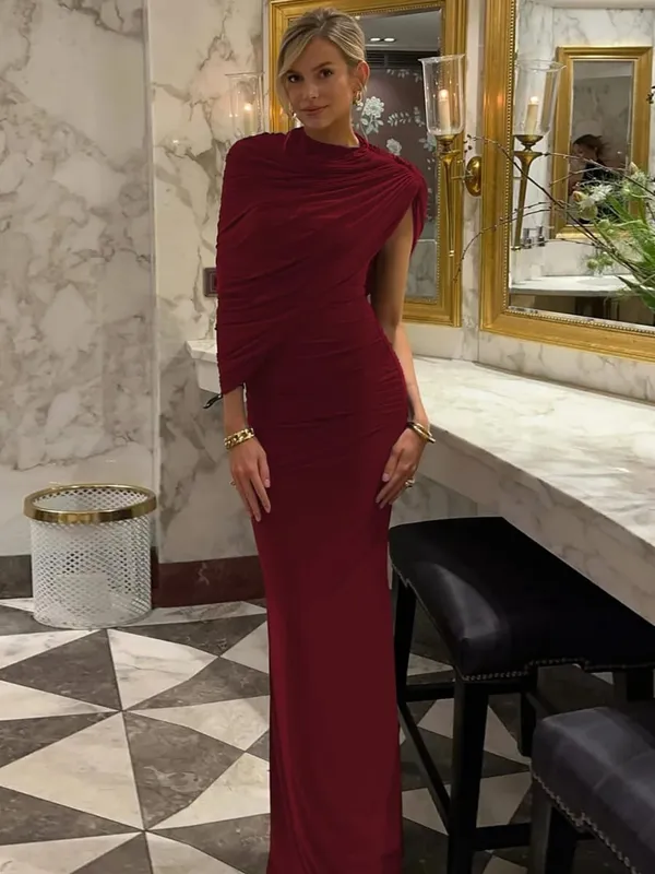 Hugcitar Women Fashion Turleneck Solid Short Sleeve Irregular Sexy Ruched Maxi Prom Dress Summer Clothes Evening Party Birthday