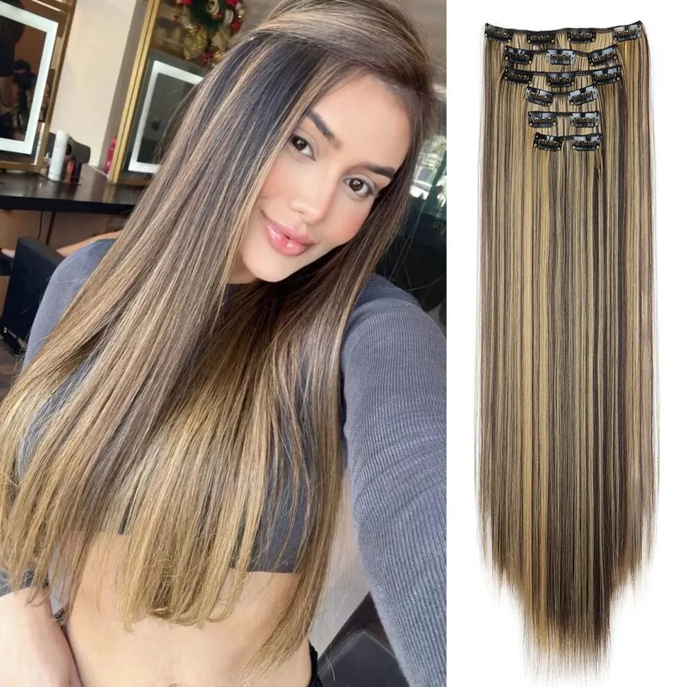 Black Hair Extensions 24"/60cm 6pcs/set Women Long Straight Synthetic Full Head Clip 16 Clips Ombre Heat Resistant Fiber Hair