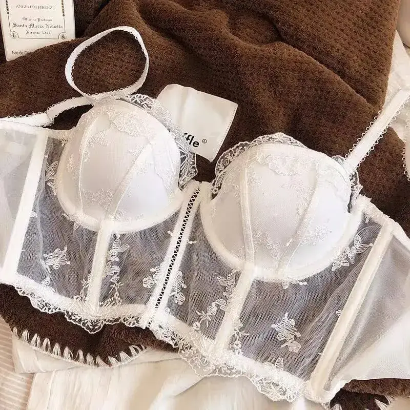 Elegancki francuski haft w stylu retro, koronkowy, pół zabudowany, długi stanik z stanikiem, kształtujący wsparcie Push Up, damski codzienny komplet bielizny