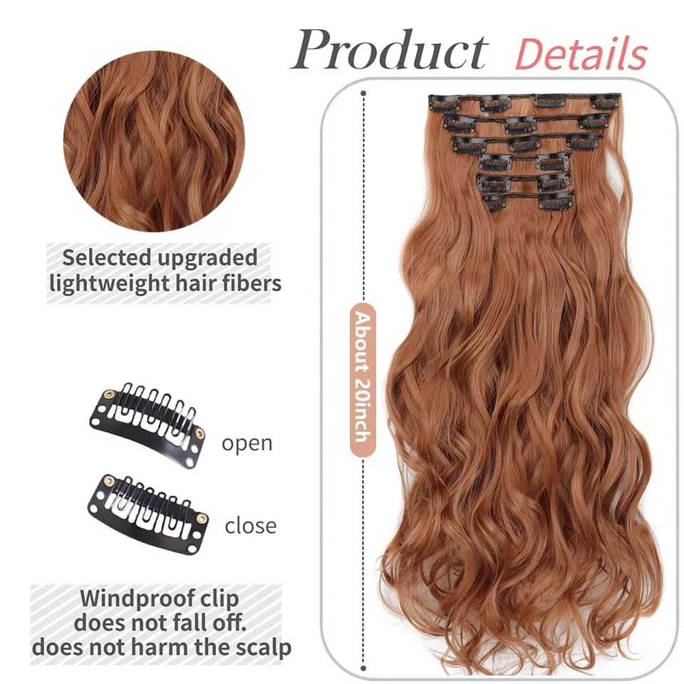 Women 20 Inches Wavy Curly Full Head 6 Separate Pieces Heat Resistance Synthetic Hair Clip in Hair Extensions