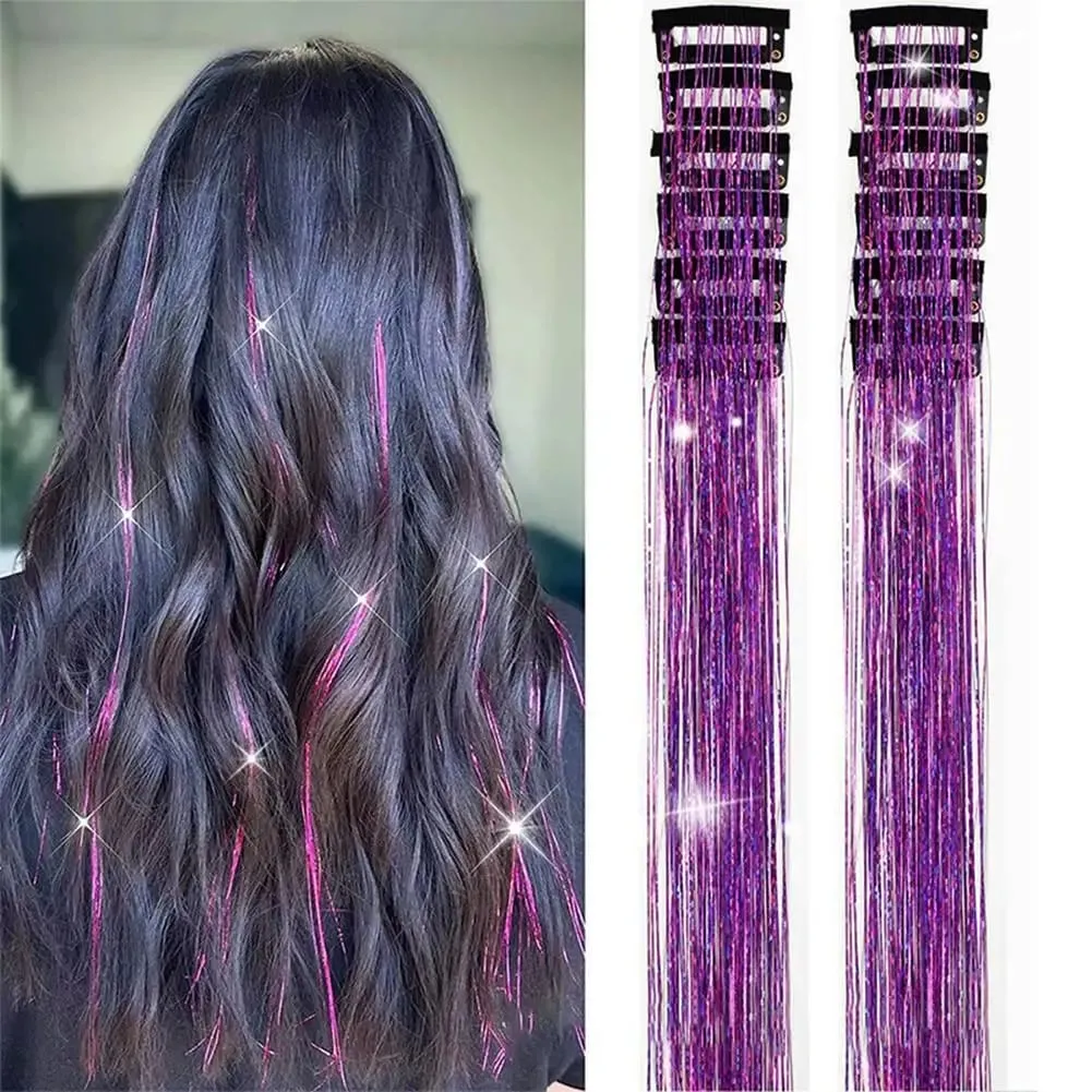 12Pcs Hair Tinsel Clip Glitter Tinsel Hair Extensions Synthetic Clip In Sparkle Music Girl Women Festival Party Hair Accessories