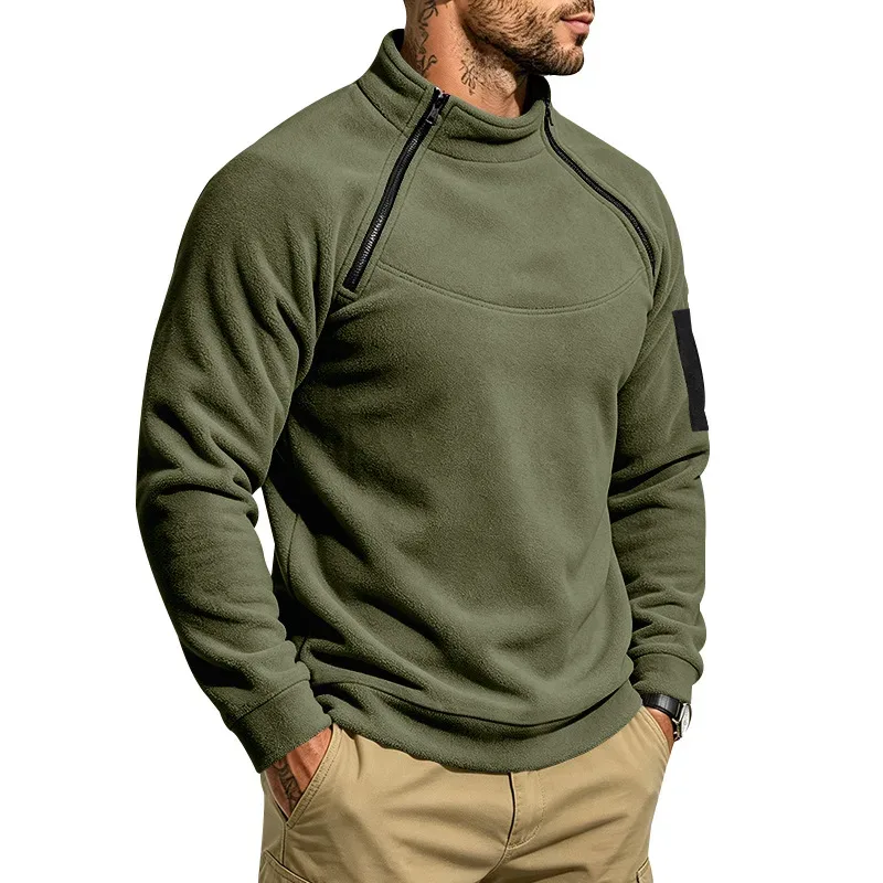 Men Fleece Stand Collar Sweatshirt Diagonal Zipper Arm Pocket Long Sleeve Loose Casual Pullover Autumn Winter Outdoor Tops