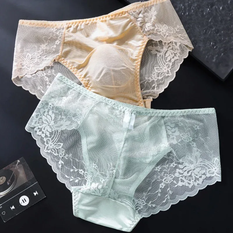 Men Sexy Lace Briefs Low Waist Floral Sheer Mesh Underwear 3D U Convex Pouch Underpants Breathable Male Lingerie