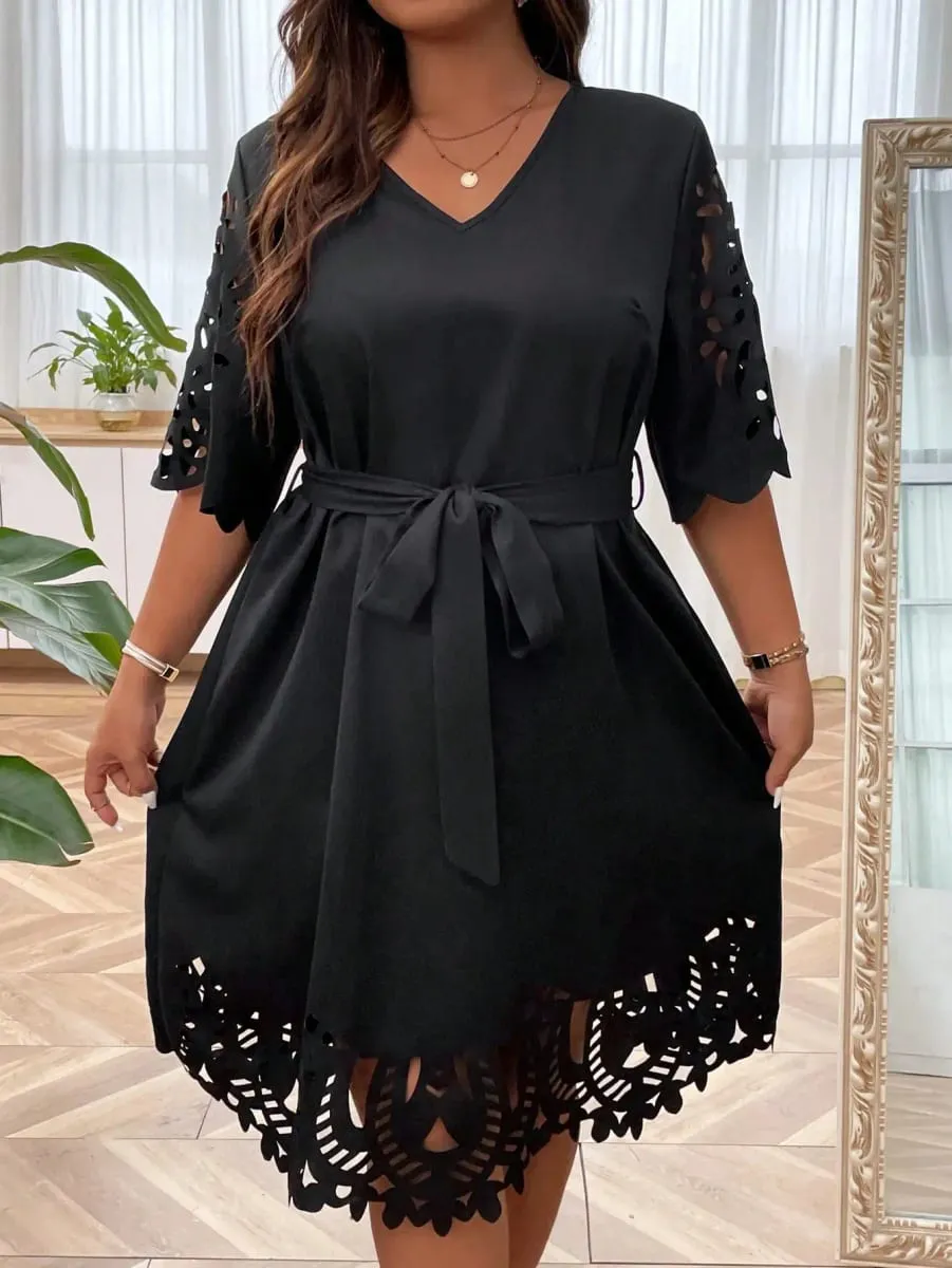 Women's Plus Size Black Cutout Lace Dress V Neck Tie Waist A-Line Mini Dress Elegant Party Casual Dress For Curvy Ladies