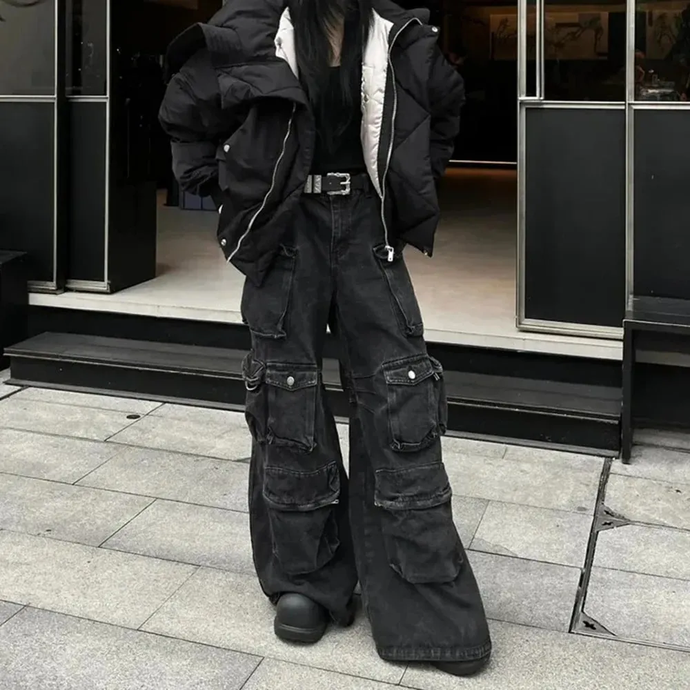 2025 Winter New Men's Multi-Pocket Wide-Leg Jeans American Retro Fashion Trend Street Hip Hop Casual Loose Niche Men's Bottoms