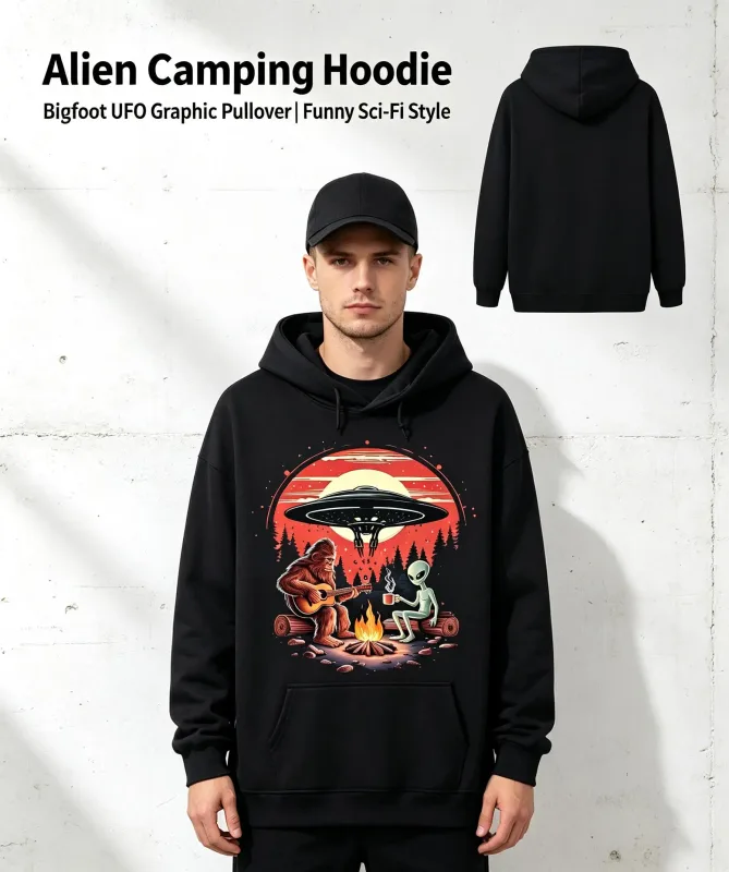 Unisex Alien and Bigfoot Campfire UFO Hoodie - Mysterious Creature Themed Sweater, Soft Breathable Cotton Blend Pullover with Kangaroo Pocket for Camping, Race Day and Mysterious Zoology Lovers (Black), Size S-XXXL, Lightweight