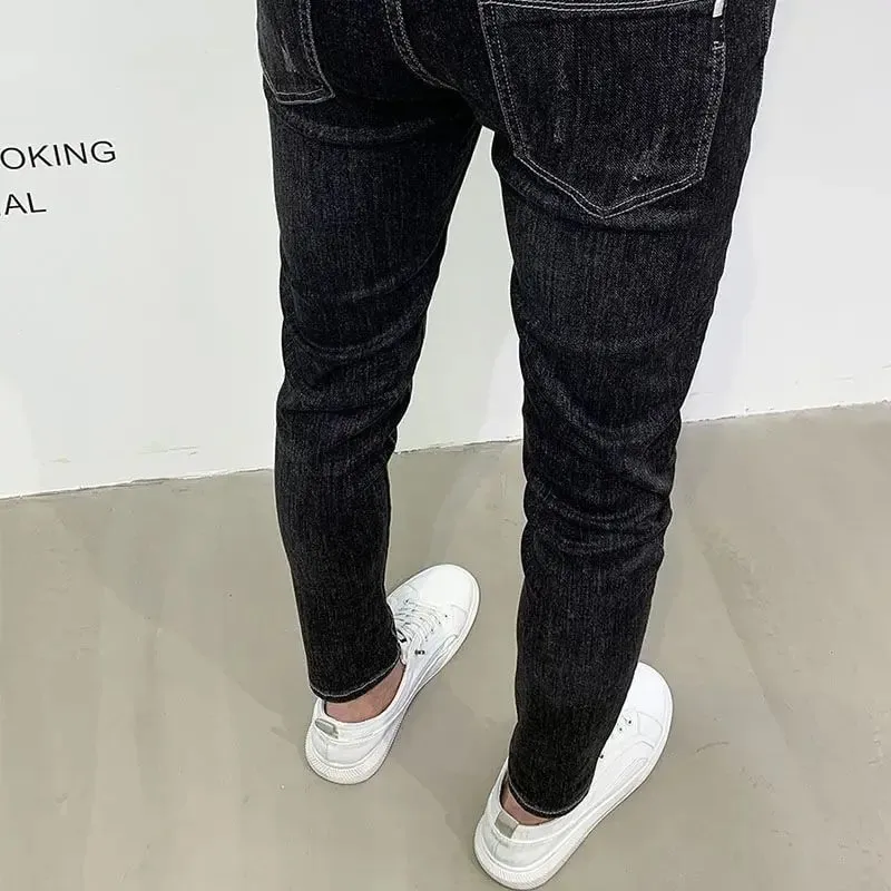 Nuevos pantalones vaqueros negros ajustados de estilo coreano para hombre con diseño bordado, pantalones vaqueros para ropa informal y de lujo, pantalones elásticos