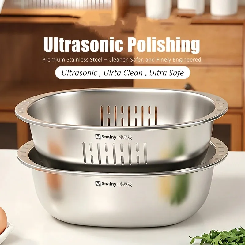 Ultrasonic Polishing Stainless Steel 2 in 1 Bowl and Colander Set Kitchen Fruit and Vegetable Efficient Washing Draing Gadgets