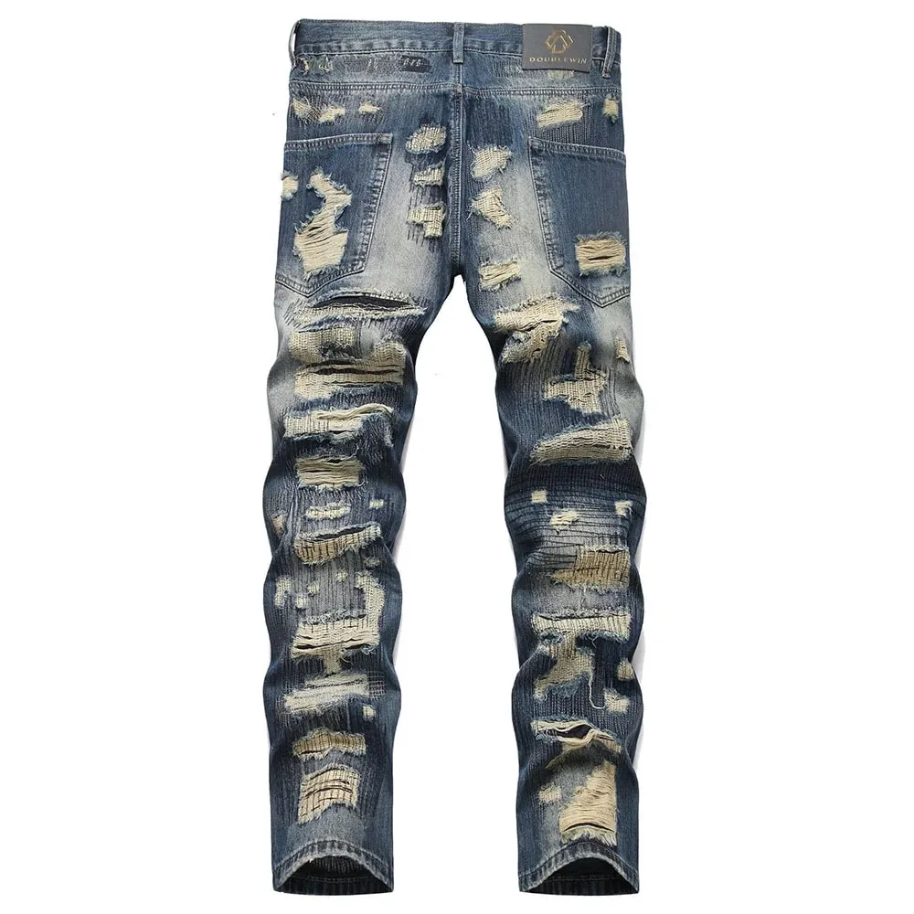 Men Ripped Denim Jeans Holes Distressed Patchwork Beggar Pants Embroidery Loose Straight Trousers