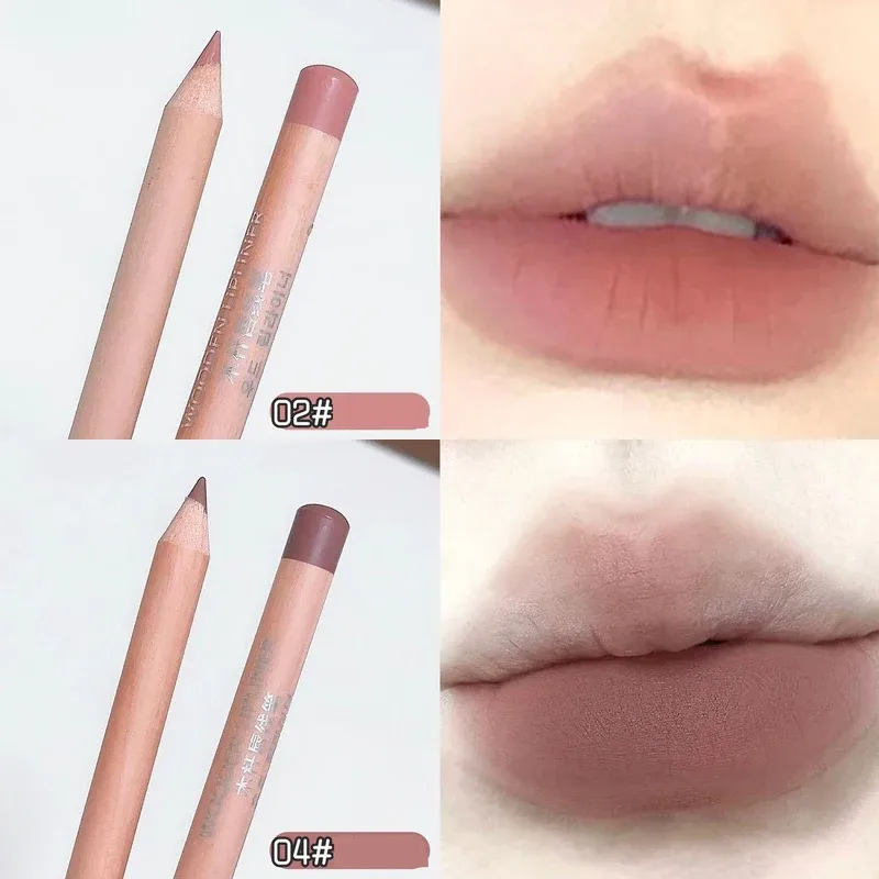 Wooden Matte Lip Liner Pencil Long Lasting Waterproof Nude Low Saturation Lip Pencil Natural Contour Lip Makeup for Beginners