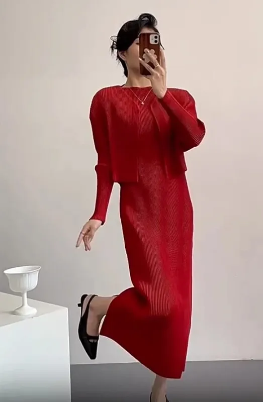 Miyake Pleated Dresses 2026 New Women's Long Sleeve Cardigan Jacket Round Neck Straight Long Dress Commuter Fashion Skirt Set