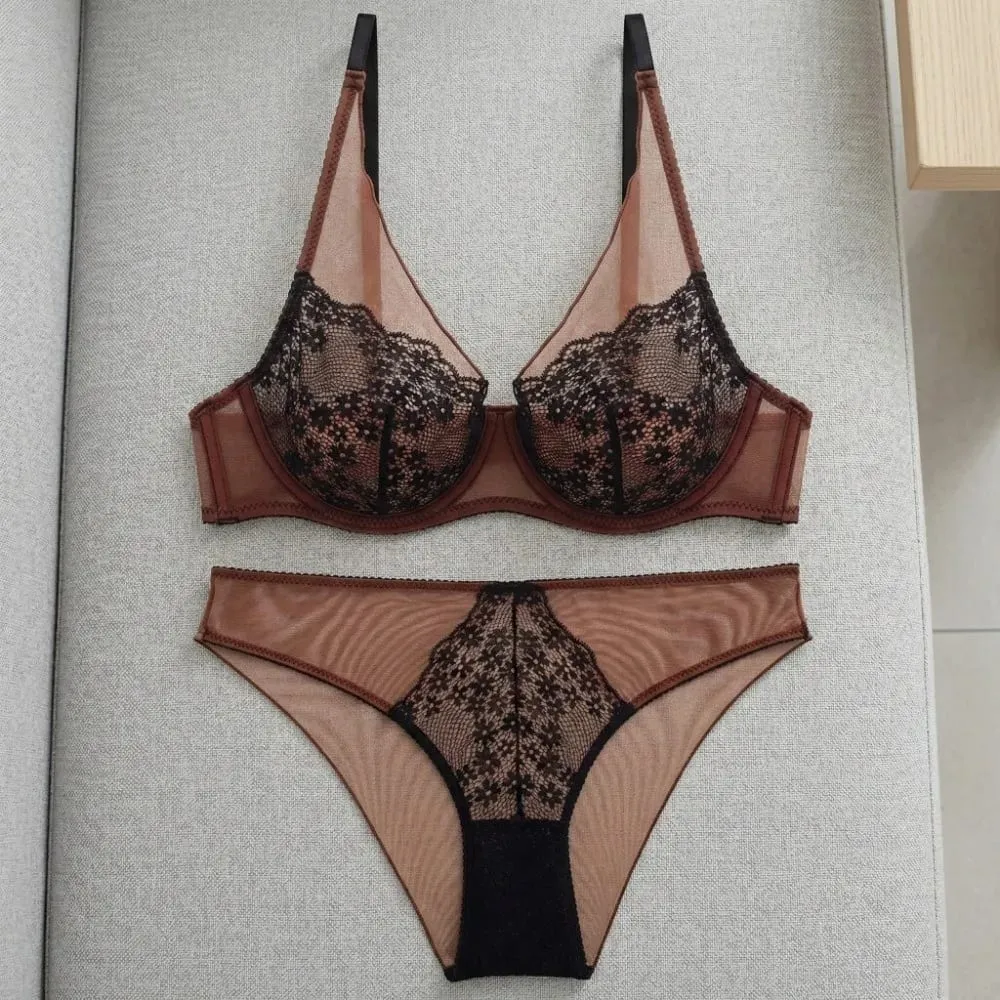 Sweet Mesh Lace Flower Bra Set Lingerie Brassiere Push Up Bra Women Seamless Underwear Lace Floral Underpants Home
