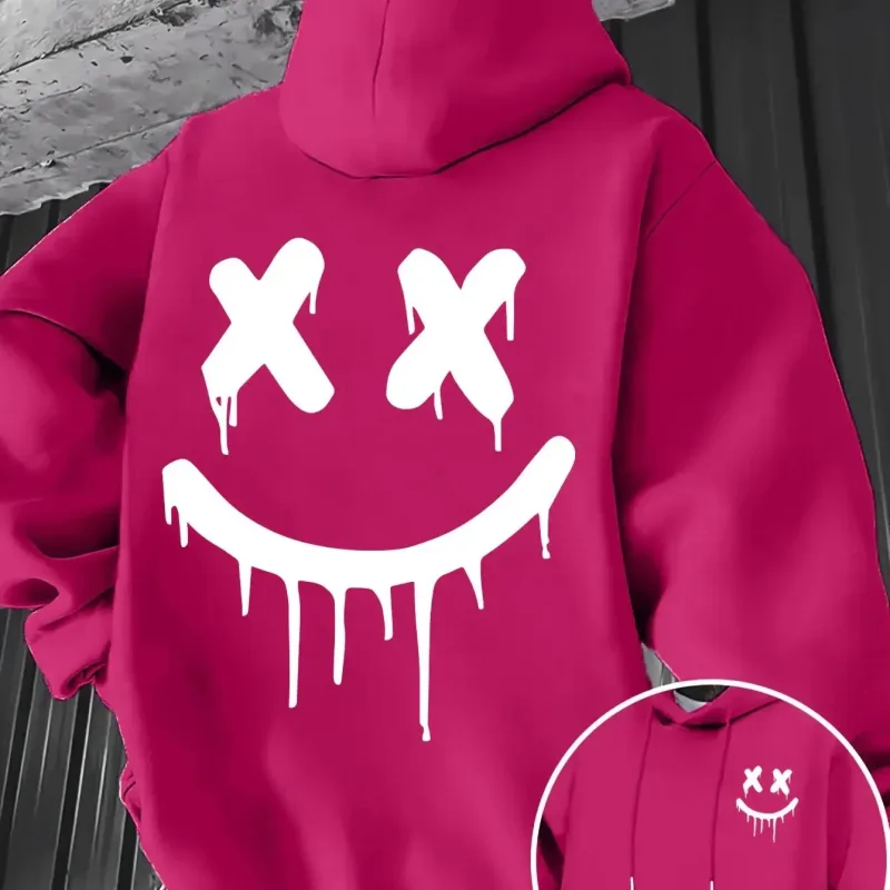 Smiley face print men's and women's autumn winter trendy printed hooded fleece sweatshirt front back casual hoodie