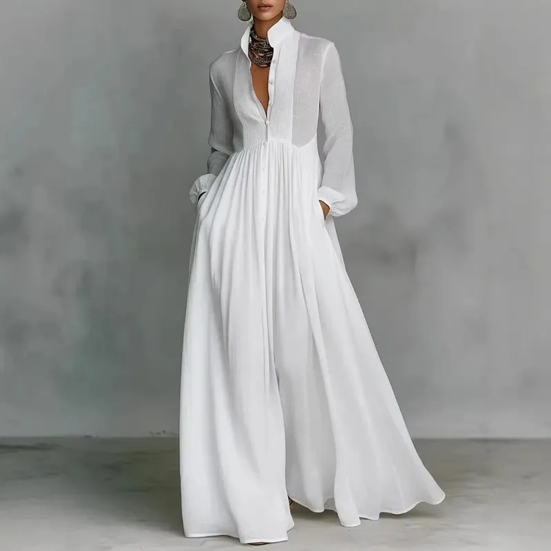 Women's Elegant Single Breasted Long Dress 2026 French High Waist Solid Pockets Pleated Maxi Evening Dress