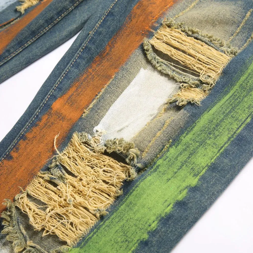 Men Painted Denim Jeans Contrast Color Holes Ripped Distressed Pants Non Stretch Cotton Slim Straight Trousers