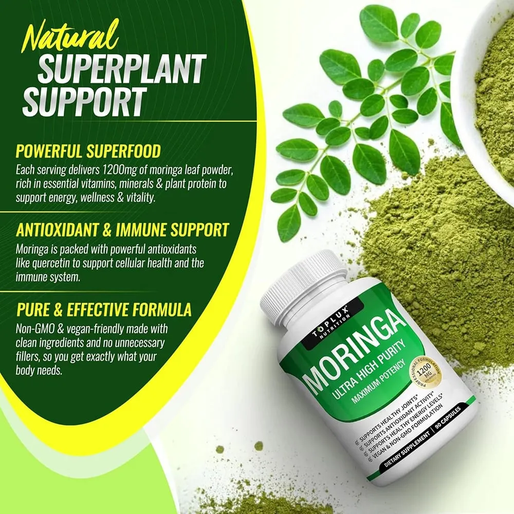 Moringa Capsules 1200mg - Pure Moringa Powder Oleifera Leaf Superfood Rich in Antioxidant Skin Health & Immune Support Vegan
