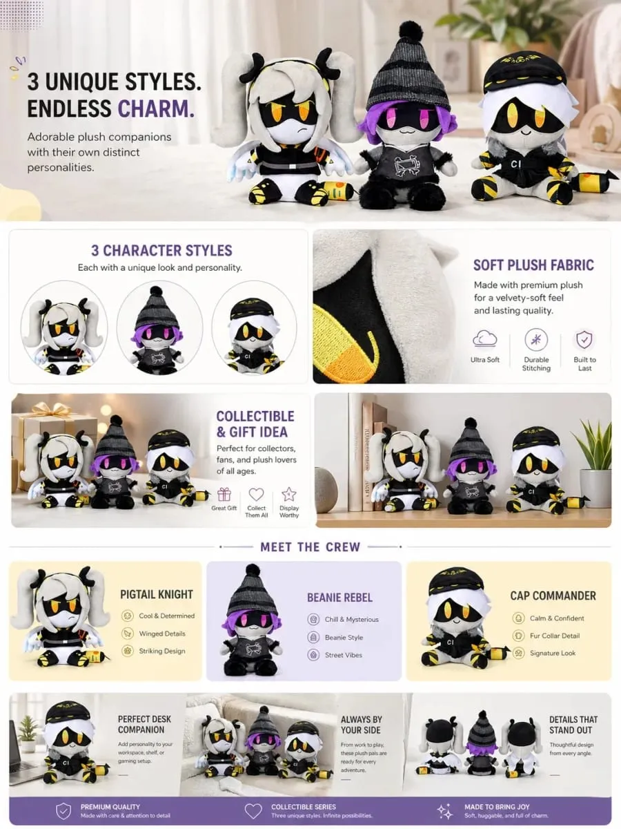 Cute Plush Doll Set – 3PCS N Cyn & V Character Stuffed Toys Soft Plushies for Desktop Decor Kids Play Birthday