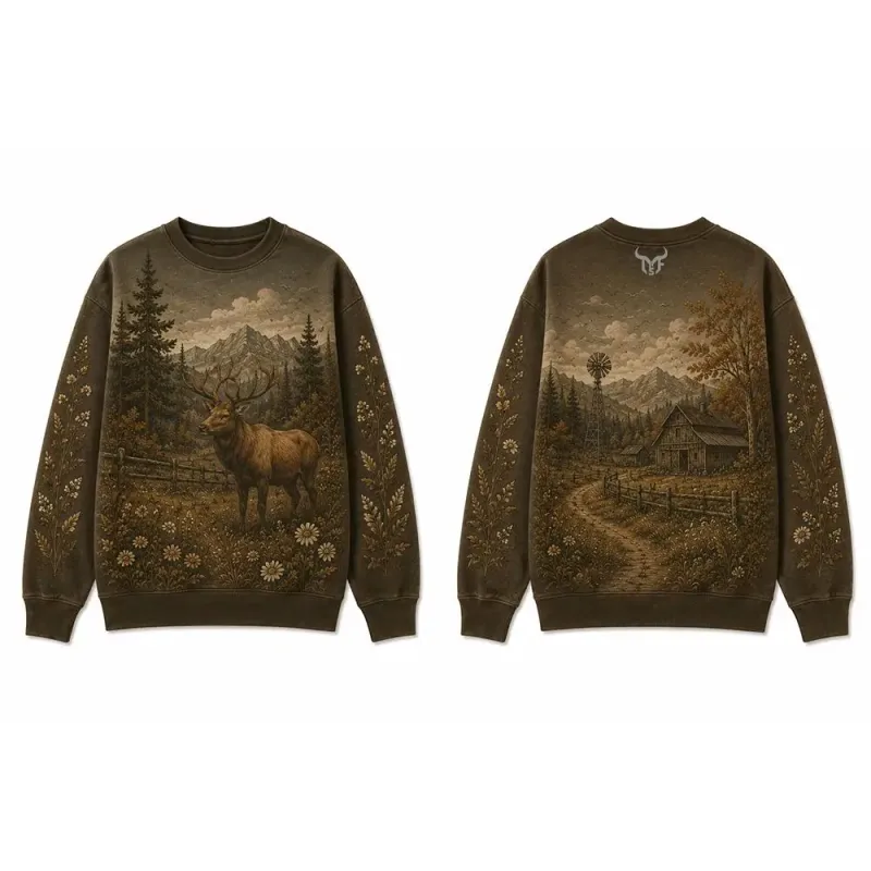 Wilderness Wildlife Print Crew Neck Sweatshirt Men Outdoor Vintage All Over Print Pullover Unisex Casual Street Long-sleeved Top