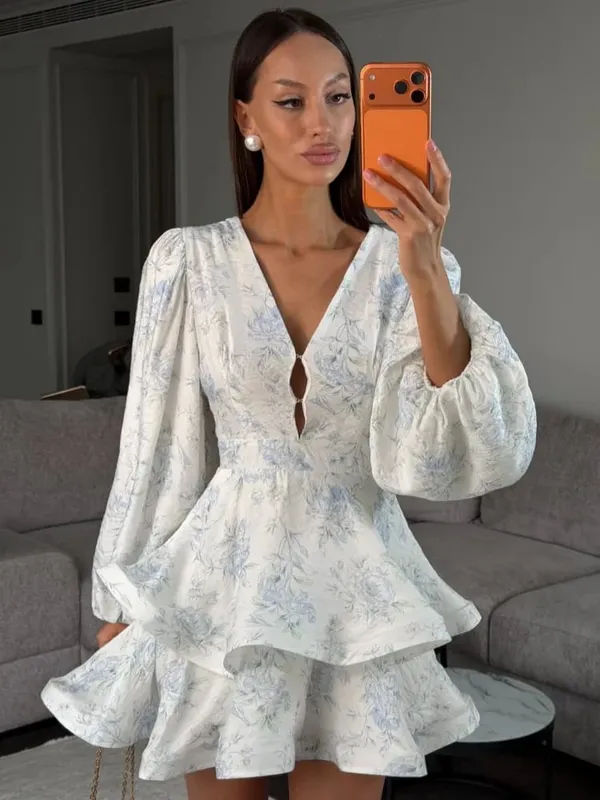 Sweetheart Neck Fruffle Chiffon Dress Women's Pink Floral Print Ruffle Full Sleeve Short Dresses 2026 Lady Party Wear Summer New
