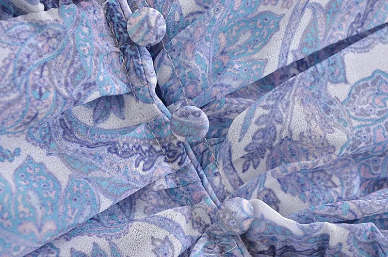 Blue Floral Print Chiffon Mini Dress Women Wood Ears Ruffles V Neck Open Buttons Slim Ruched Waist Long Sleeve Holiday Robe — image 5