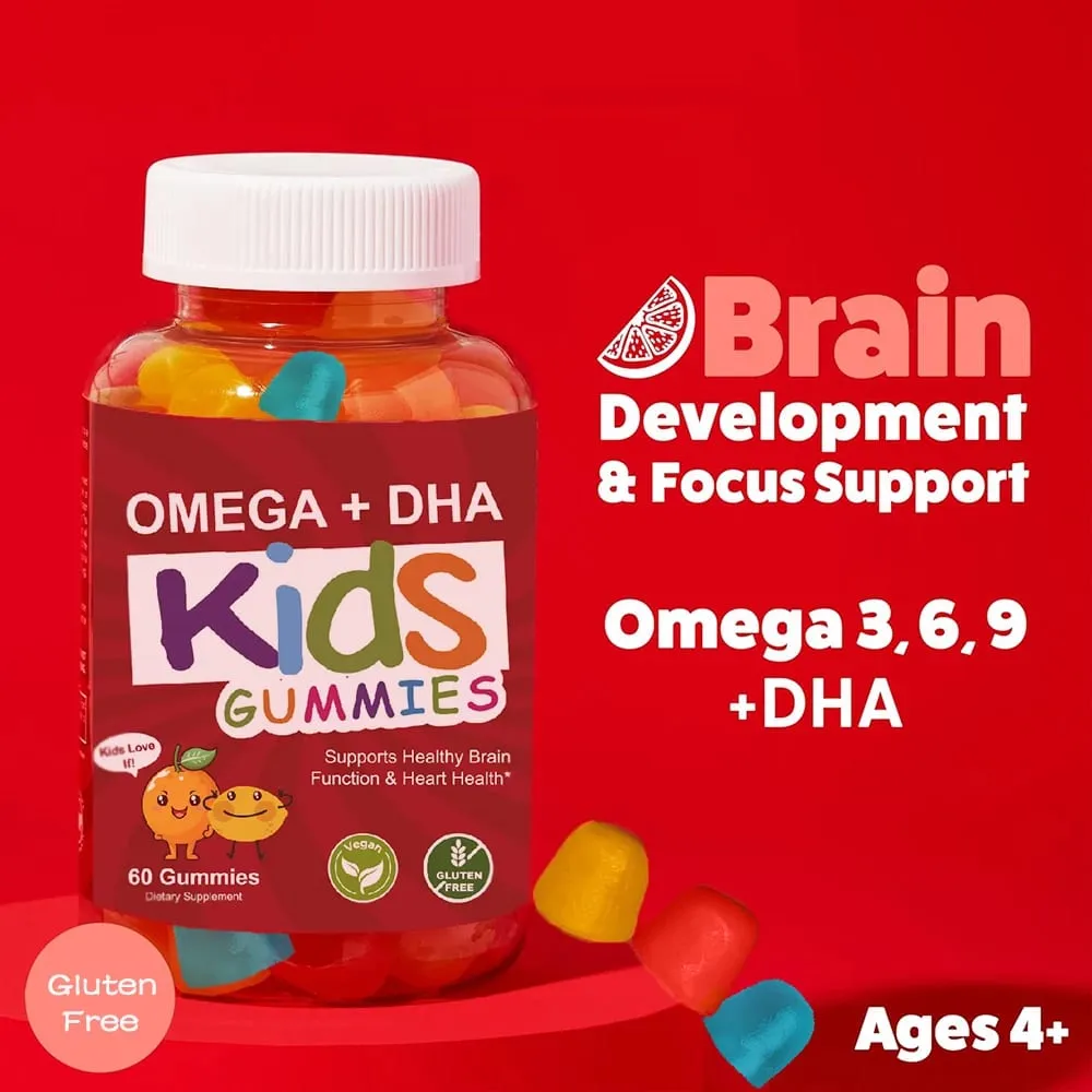 + DHA Gummies for Kids with Omega 3 6 9 + DHA Vitamin C - Healthy Brain Function Vision & Heart Health Vegetarian