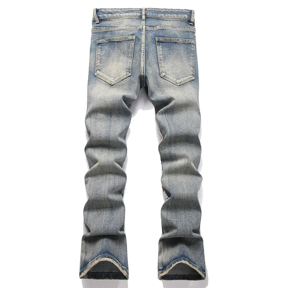 Men's Skull Boot Cut Denim Jeans Vintage Blue Devil Embroidery Stretch Pants Slim Flared Trousers