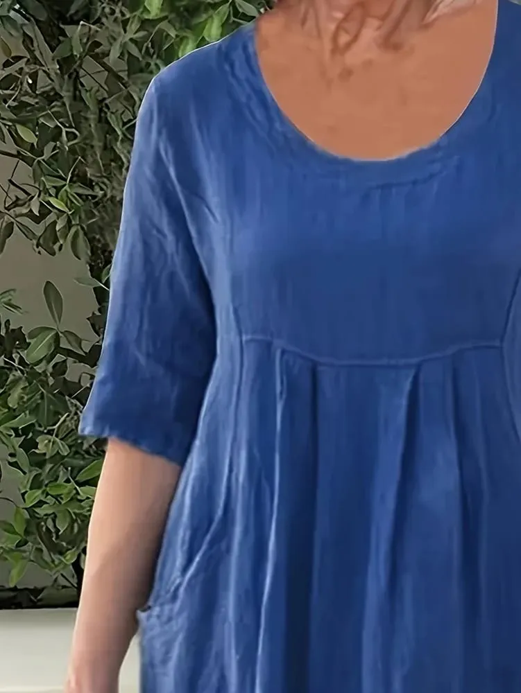 Plus Size 1XL-5XL Women's Loose-Fit Cotton-Linen Pocket Summer Round-Neck Short-Sleeve Dress and Beach Party Dress