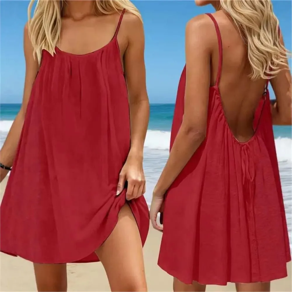 2026 Backless Casual Dresses For Ladies Women's Casual Dress Spaghetti Strap Vestido Simple Style Homewear Beachwear Solid Color