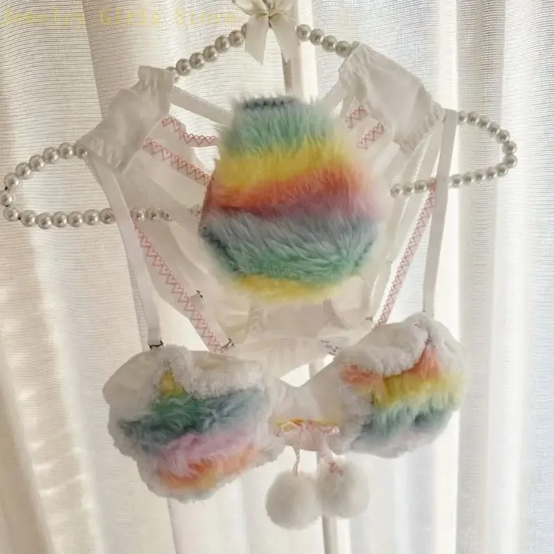 Estetická sada plyšové podprsenky a kalhotek Rainbow Star pro ženy Podprsenka Spodní prádlo Chlupaté spodní prádlo Anime Cosplay Outfit 2 kusy
