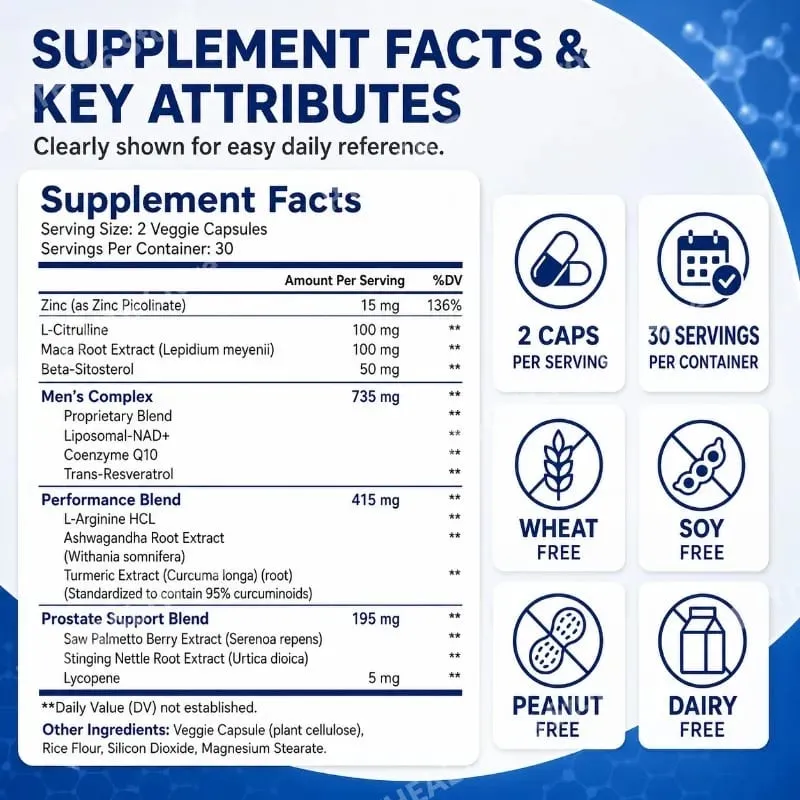 NAD+ Men's Complex Capsules Cellular Energy Support Resveratrol Maca Prostate Health and Urinary Comfort Support 60 Capsules