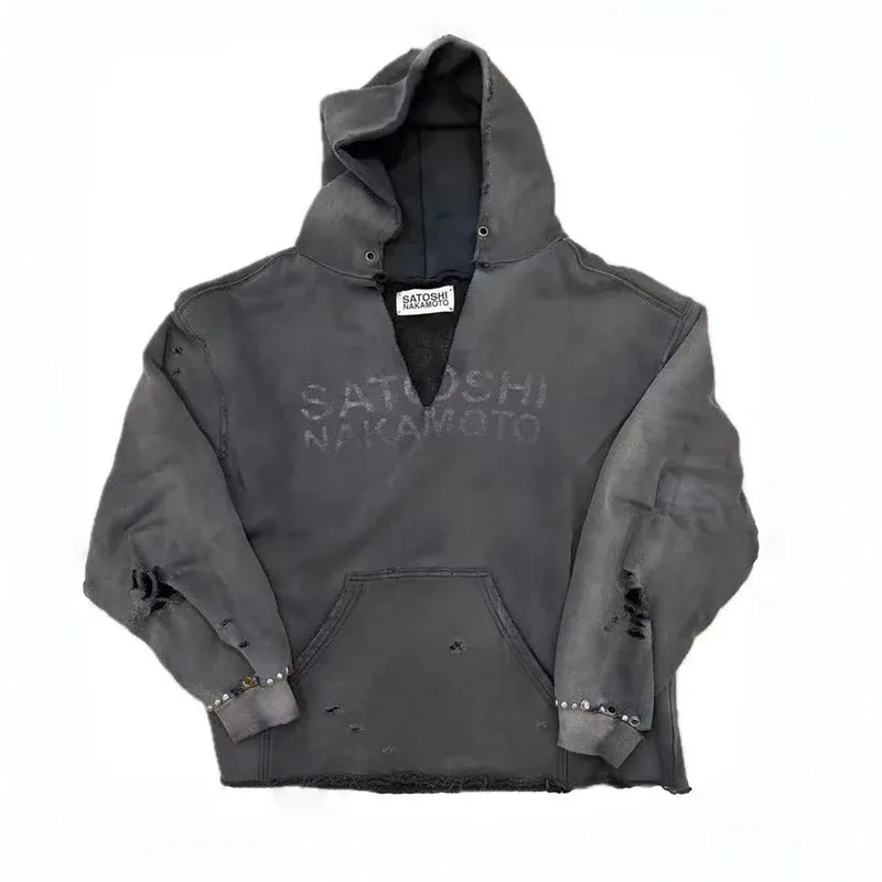 26SS Autumn Winter New Arrival Satoshi Nakamoto Hooded Sweatshirts Destructo Studded Washed Cotton Hooded Unisex Pullover