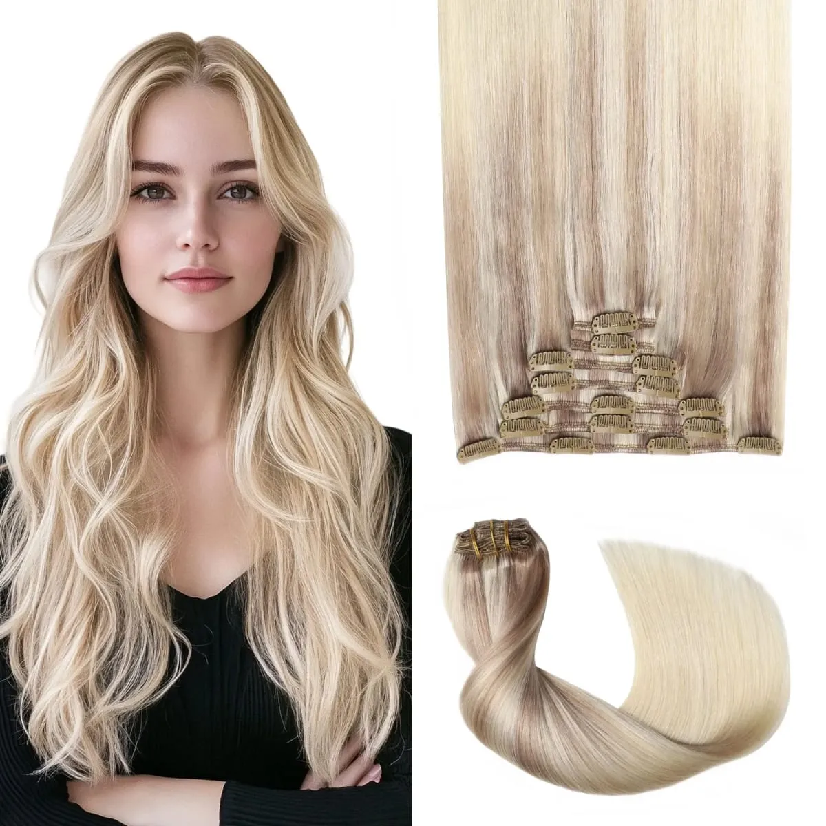 Sweetmet Pro2.0 Clip in Hair Extensions Real Human Hair 120g Thick 7pcs #60 Platinum Blonde Remy Real Human Hair Extensions Clip ins Seamless Double Weft for Women