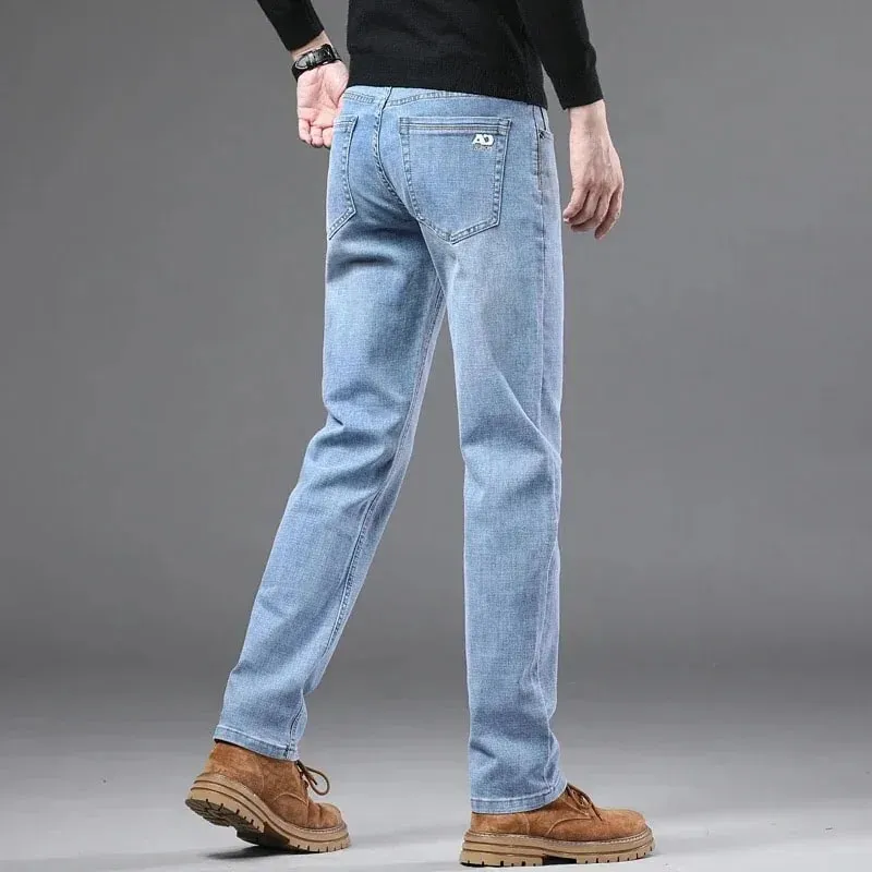 Spring Fashion Men's Light Blue Slim Jeans Stylish Business Casual Stretch Fabric Denim Pants Classic All Match Trousers
