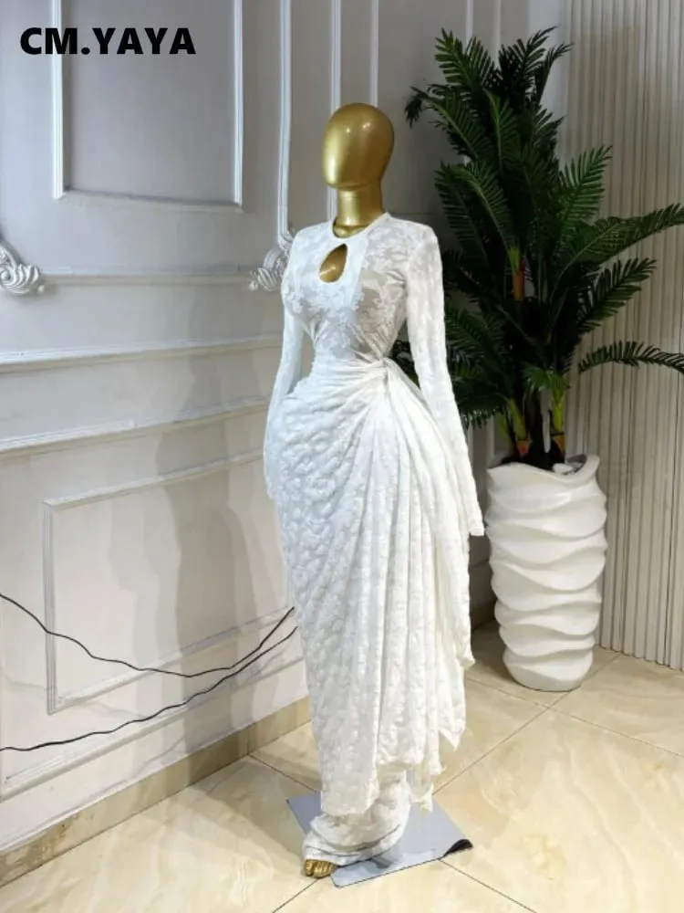 CM.YAYA Women O-neck Ribbon Ruched Long Sleeve Bodycon Maxi Long Dress 2026 Summer Sexy Birthday Party Vacation Trendy Dresses