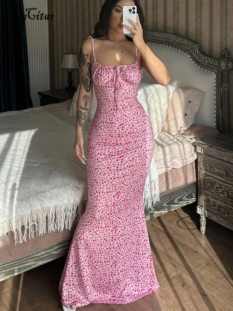 Hugcitar-Vestido largo sin mangas con estampado Floral, Espalda descubierta, con cordones, Sexy, ceñido al cuerpo, trajes elegantes para fiesta de vacaciones, venta al por mayor
