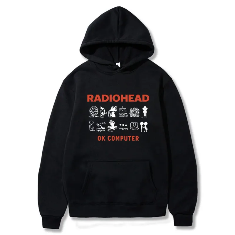 Vintage Rock Grubu Radiohead Kapüşonlu Üst Hip Hop Her Şey Müzik Albümü Baskı Kazak Harajuku Sokak Boyu Kapüşonlular Gençler