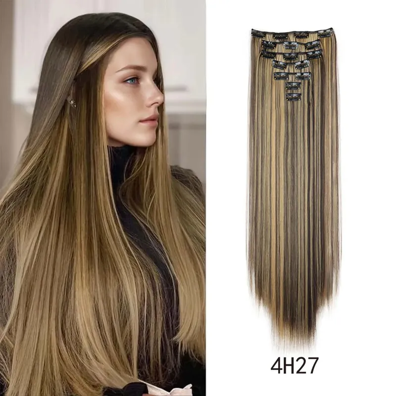 Synthetic 24inch Clips in Hair Extensions Long Straight Hairstyle Blonde Black Hairpieces Heat Resistant False Hair Daily Use