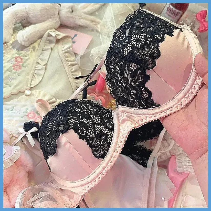 Sexy Lace Lingerie Set with Bow Spaghetti Straps & Steel Ring Uplift Bra for Women