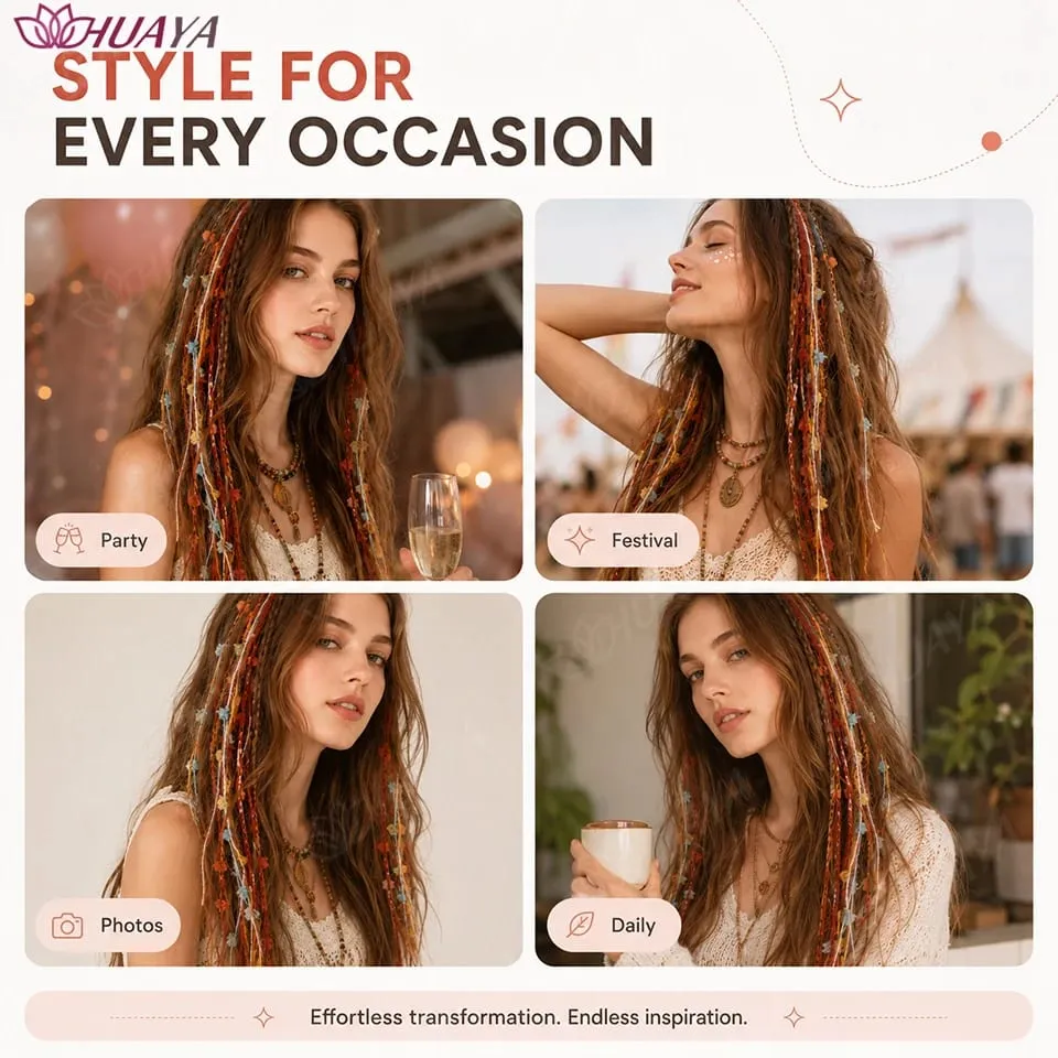 Synthetic Colorful Clip-in Hair Extensions Boho Yarn Dreadlock Braids Festival Party Hair Accessories for Women
