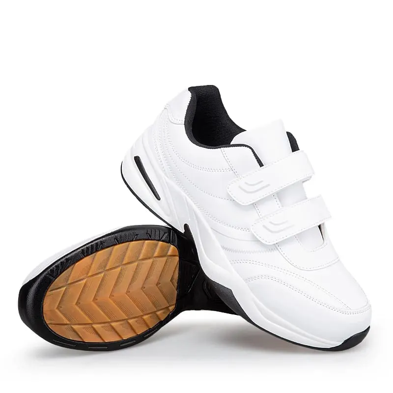 Men's Adjustable Hook And Loop Leather Sneakers Pure Black Casual Sports Shoes Big Size 47 48 Elderly Walking Shoes