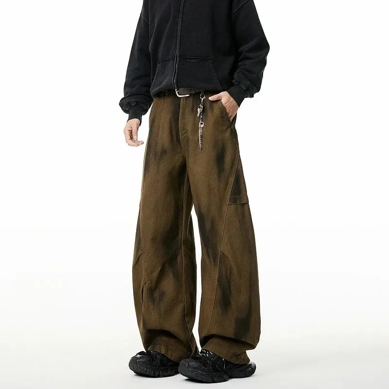 2026 New Men's Pleated Distressed Retro Straight Jean High Street Fashion Baggy Cargo Denim Pants Y2K Vintage Youth Jeans Homme