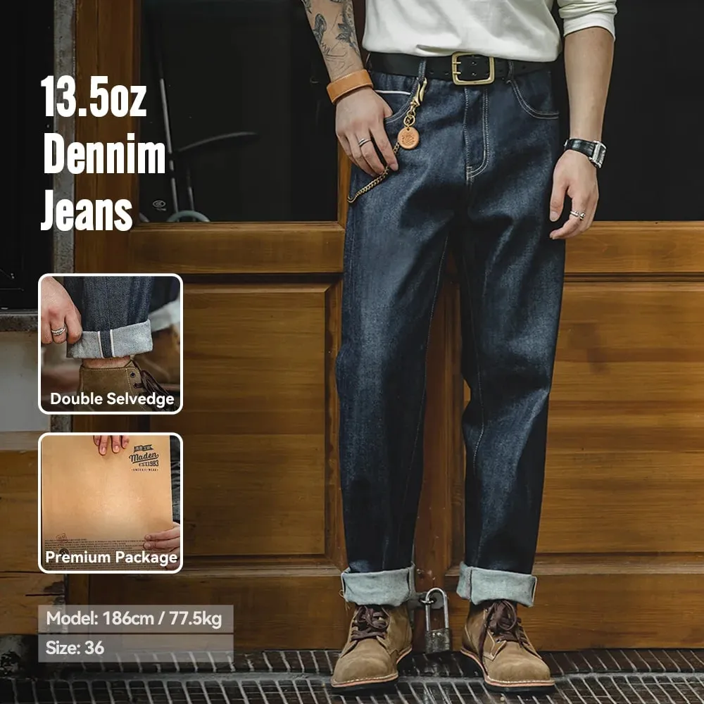 Maden vintage 13.5oz pesado ourela jeans cru masculino ajuste reto calças de algodão casual bolso outono inverno — image 2