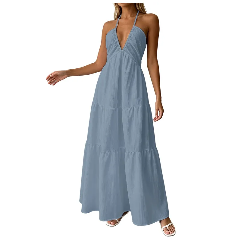 Summer Halter Neck Women's Dress Elegant Chic Wedding Party Beach Dress Backless Flowy Vacation Boho Sling Long Dresses Women
